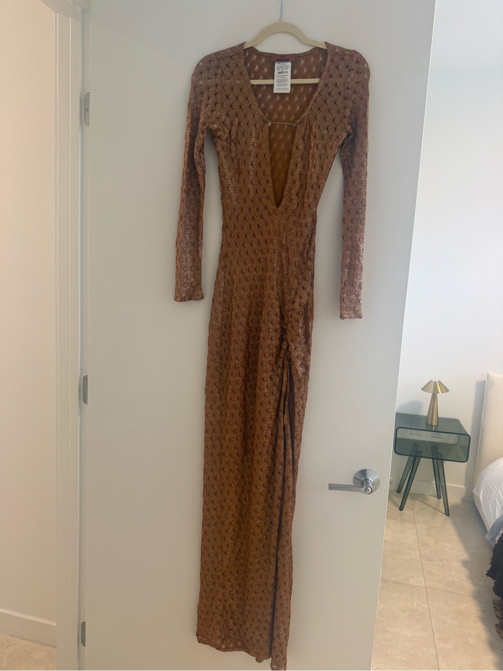Missoni Brown Openwork V-Neck Long-Sleeve Knit Metallic Dress - Picture 3 of 6